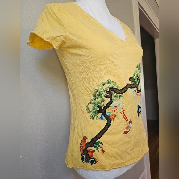 Yellow V-Neck Embroidered Women's Tee - Picture 3 of 8